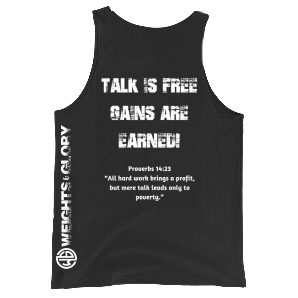 Talk is Cheap Shirt BACK Front view of the Weights & Glory 'Talk is Cheap' tank top featuring Proverbs 14:23; 'All hard work brings a profit, but mere talk leads to poverty.'