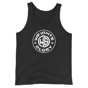 Front view of the Weights & Glory 'Talk is Cheap' tank top displaying the Weights & Glory Logo