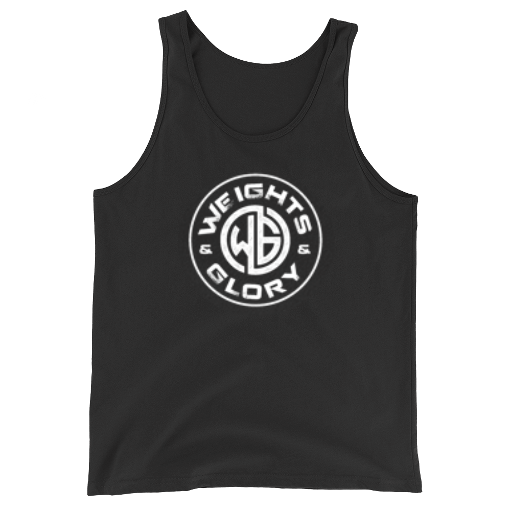 Front view of the Weights & Glory 'Talk is Cheap' tank top displaying the Weights & Glory Logo